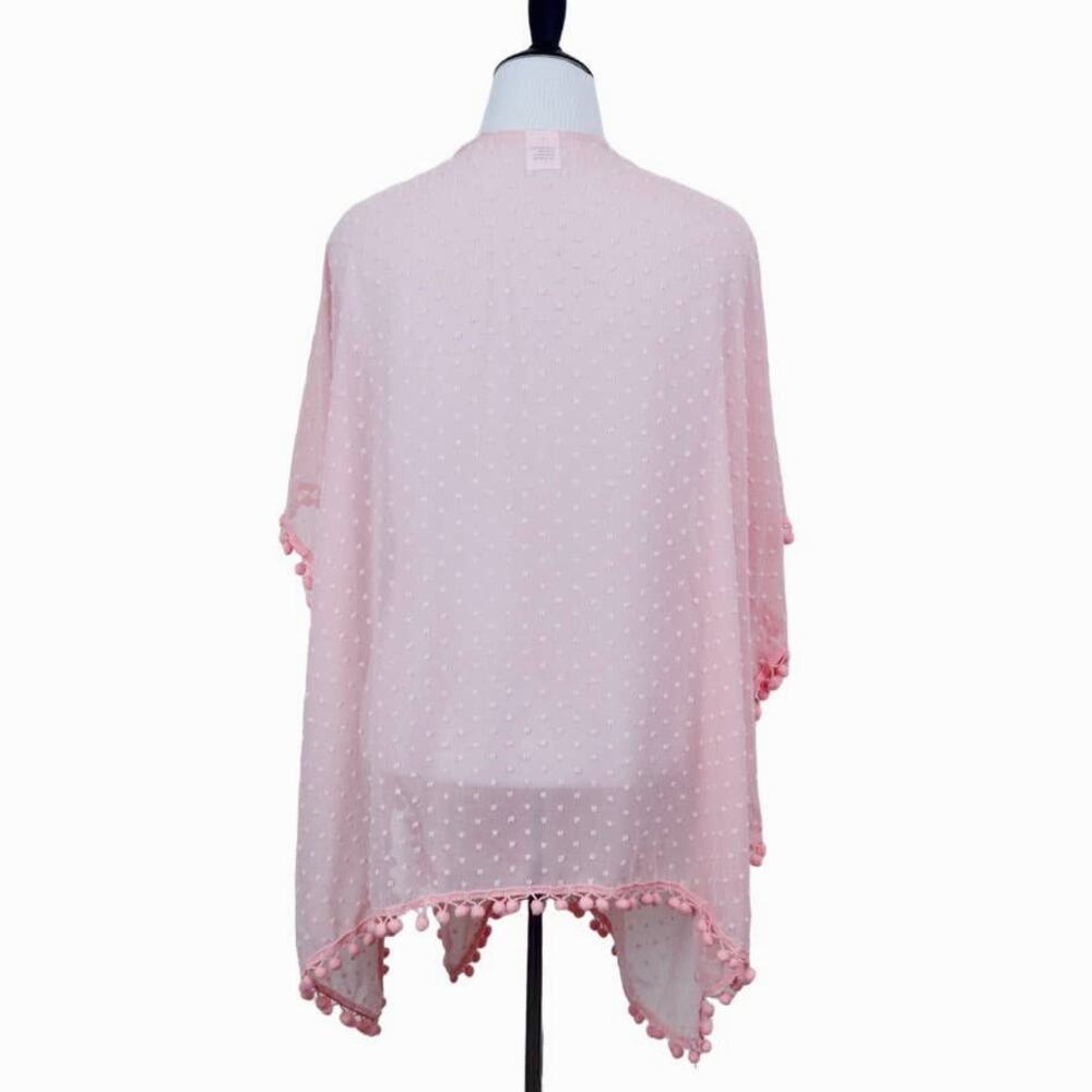 Sheer Chiffon Swiss Dot Kimono Robe One Size Negligee Pom Pom Pink - Picture 4 of 10